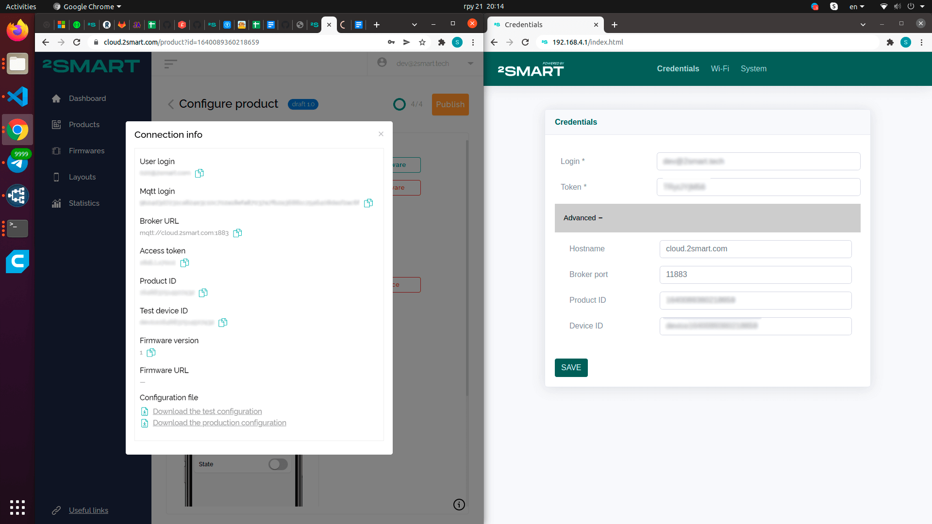 Copying connection settings to the device web interface