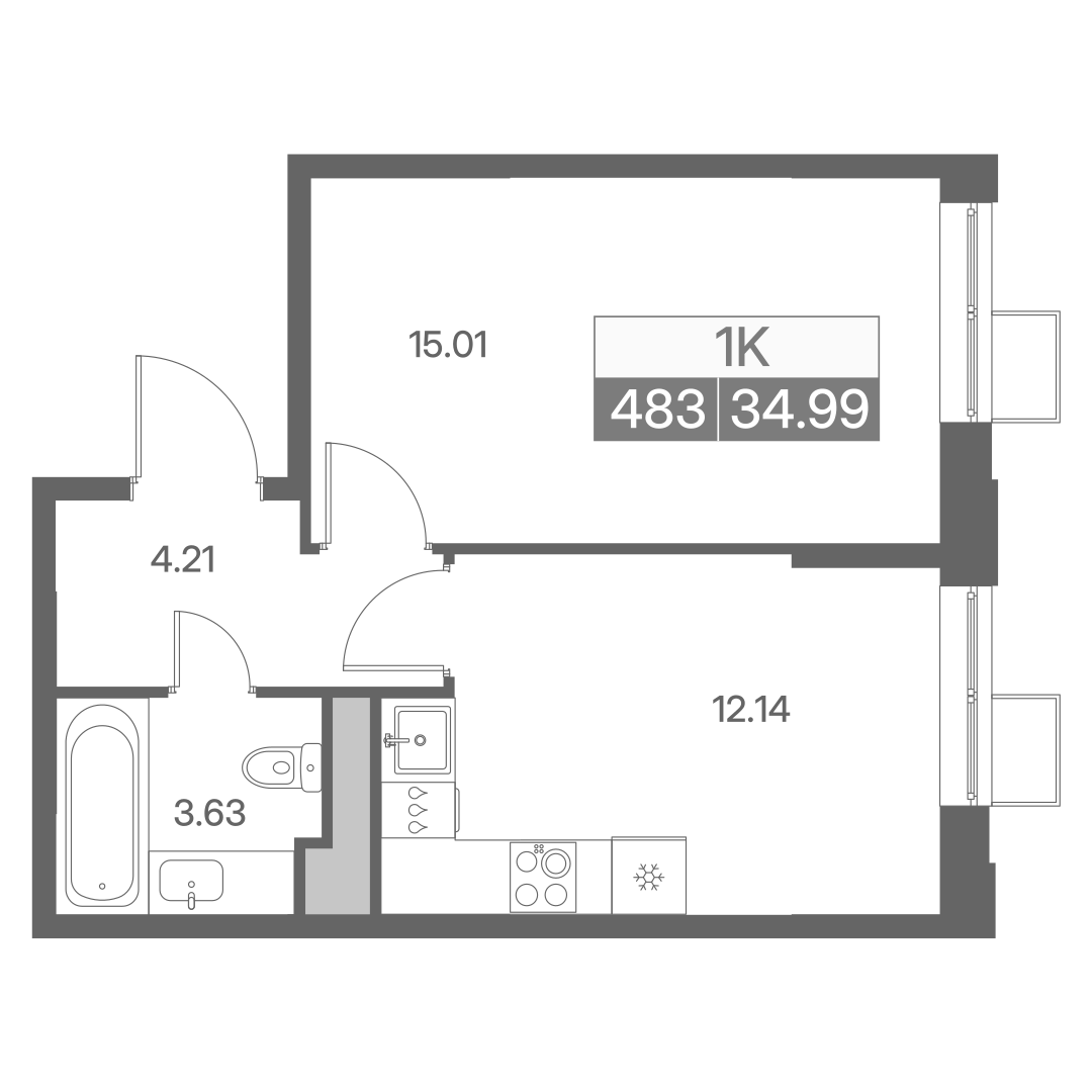 Планировка однокомнатной квартиры 34.99 м² в ЖК Новая Львовская