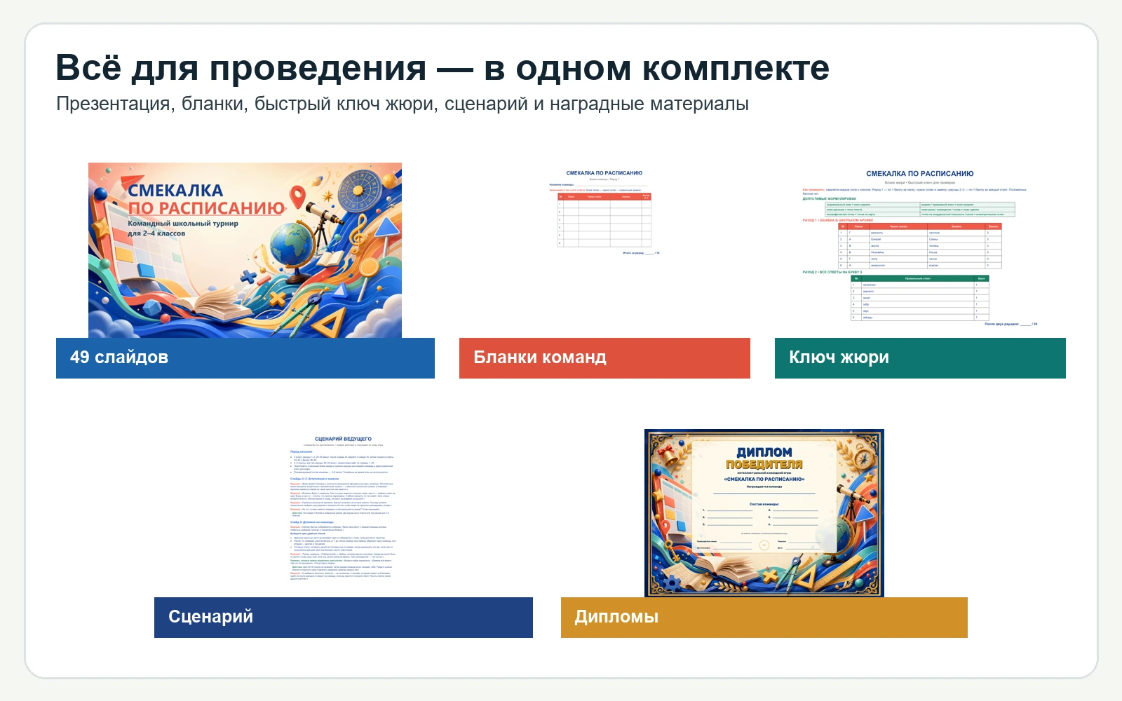Состав комплекта Смекалка по расписанию: презентация, бланки, ключ, сценарий и дипломы