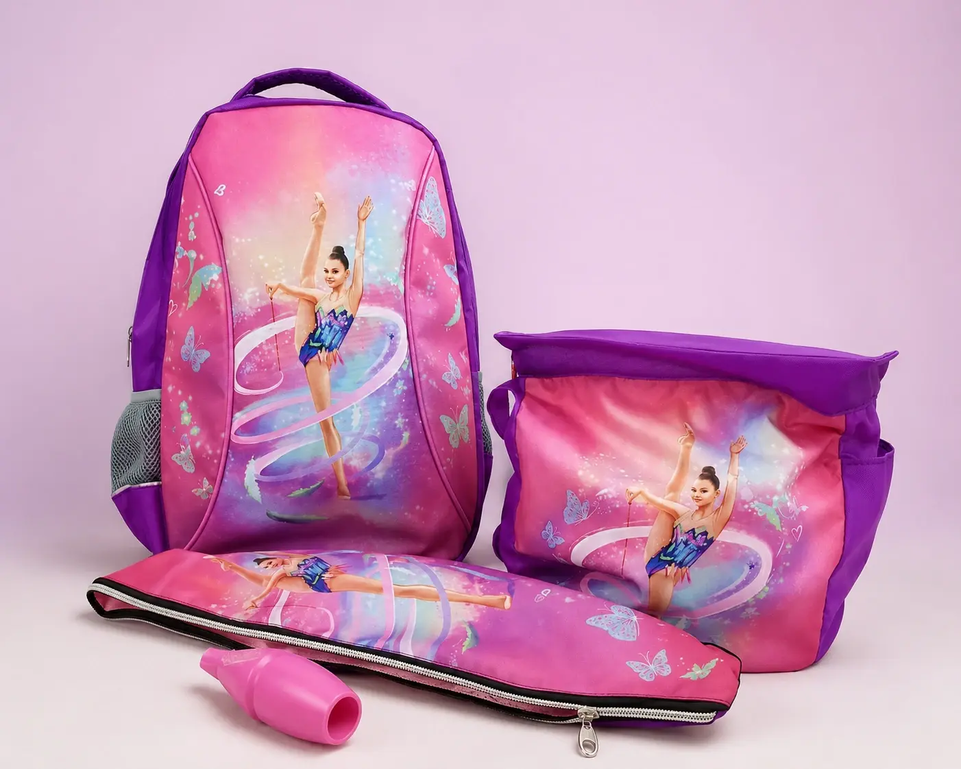 Pink rhythmic gymnastics backpack and equipment with Strekosa artwork