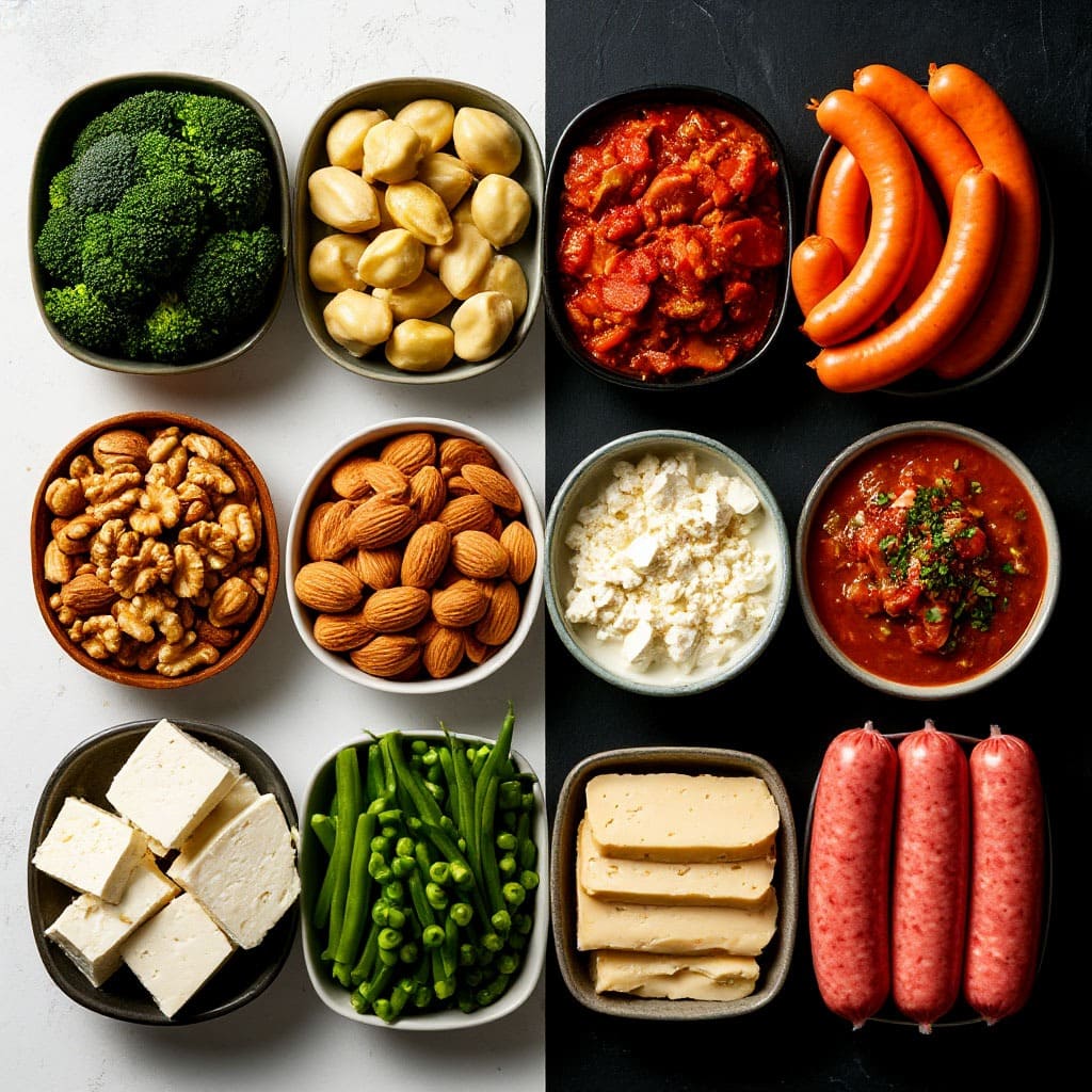 Сравнение настоящих и поддельных постных продуктов: тофу, растительное молоко, веганский сыр