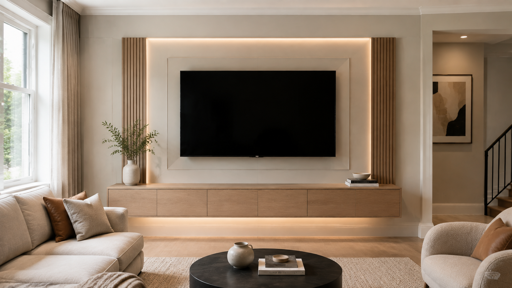 Simple media wall with TV mounted on a decorative panel, floating cabinet, concealed wiring, and subtle wall details in a Washington DC area home.