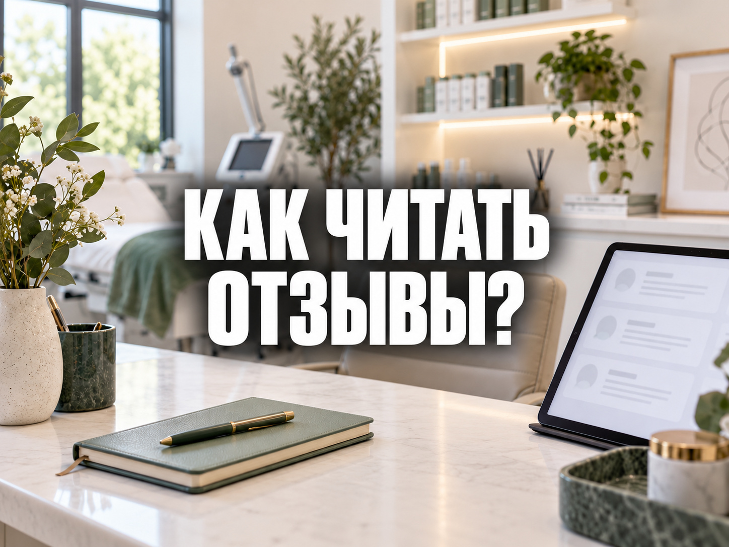 Фраза «Как читать отзывы?» на фоне светлого кабинета и планшета с карточками комментариев; по центру фраза «КАК ЧИТАТЬ ОТЗЫВЫ?»