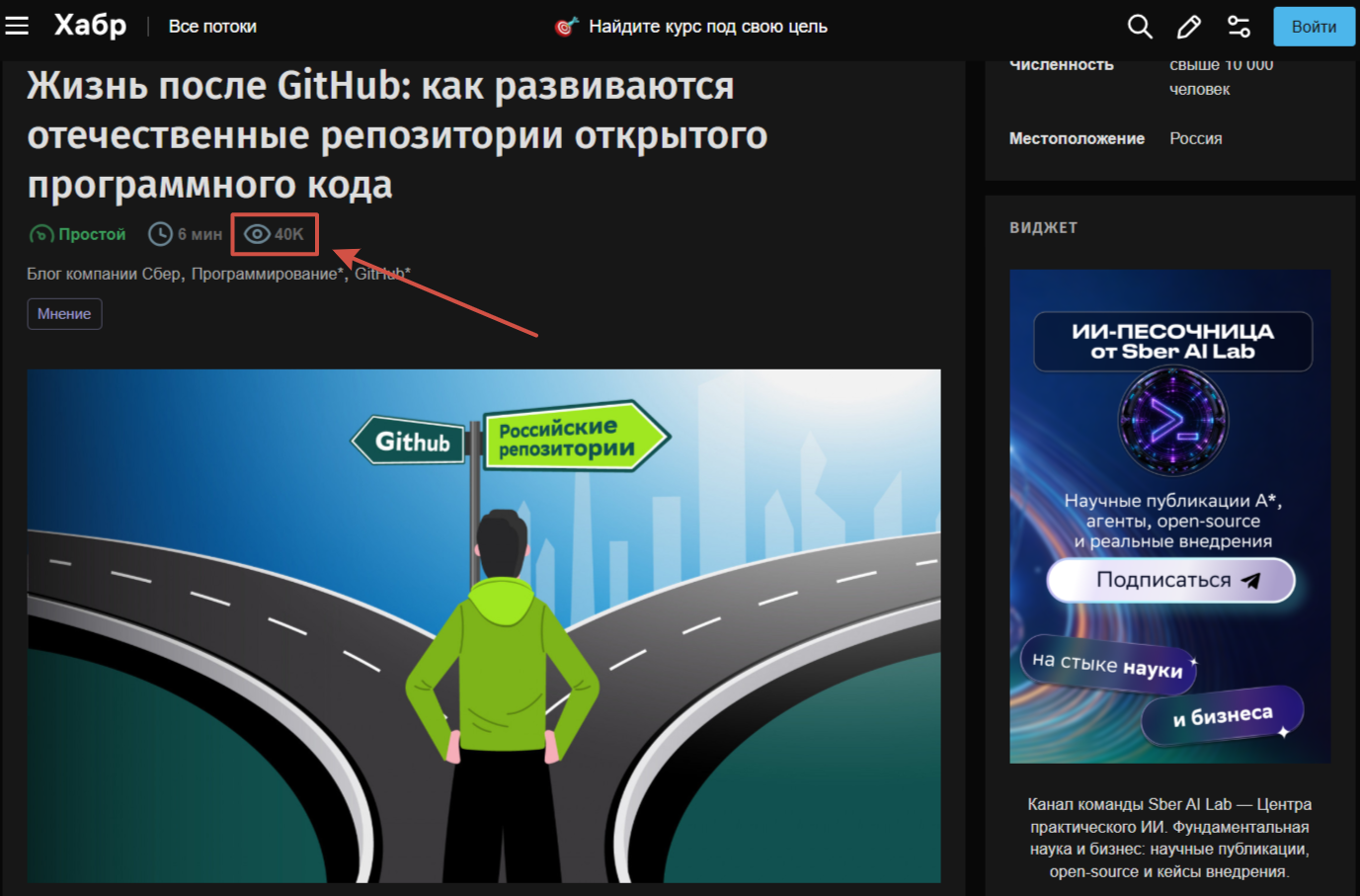 Статья «Жизнь после GitHub» в блоге Сбера на Хабре: 40 тысяч просмотров