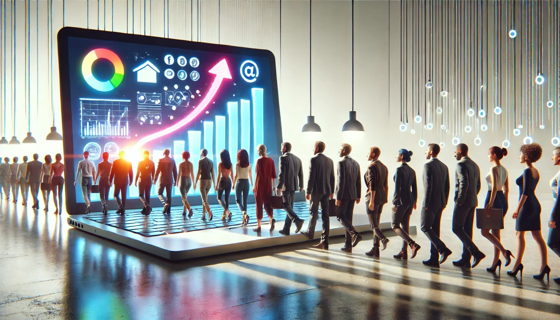 люди идут в экран монитора ноутбука