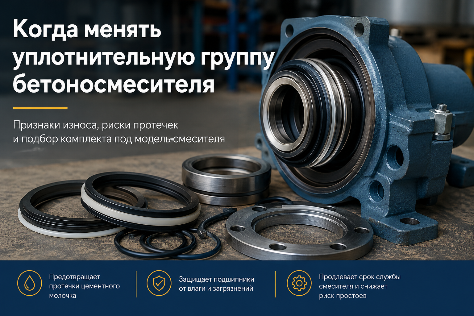 Когда менять уплотнительную группу бетоносмесителя: признаки износа и протечек