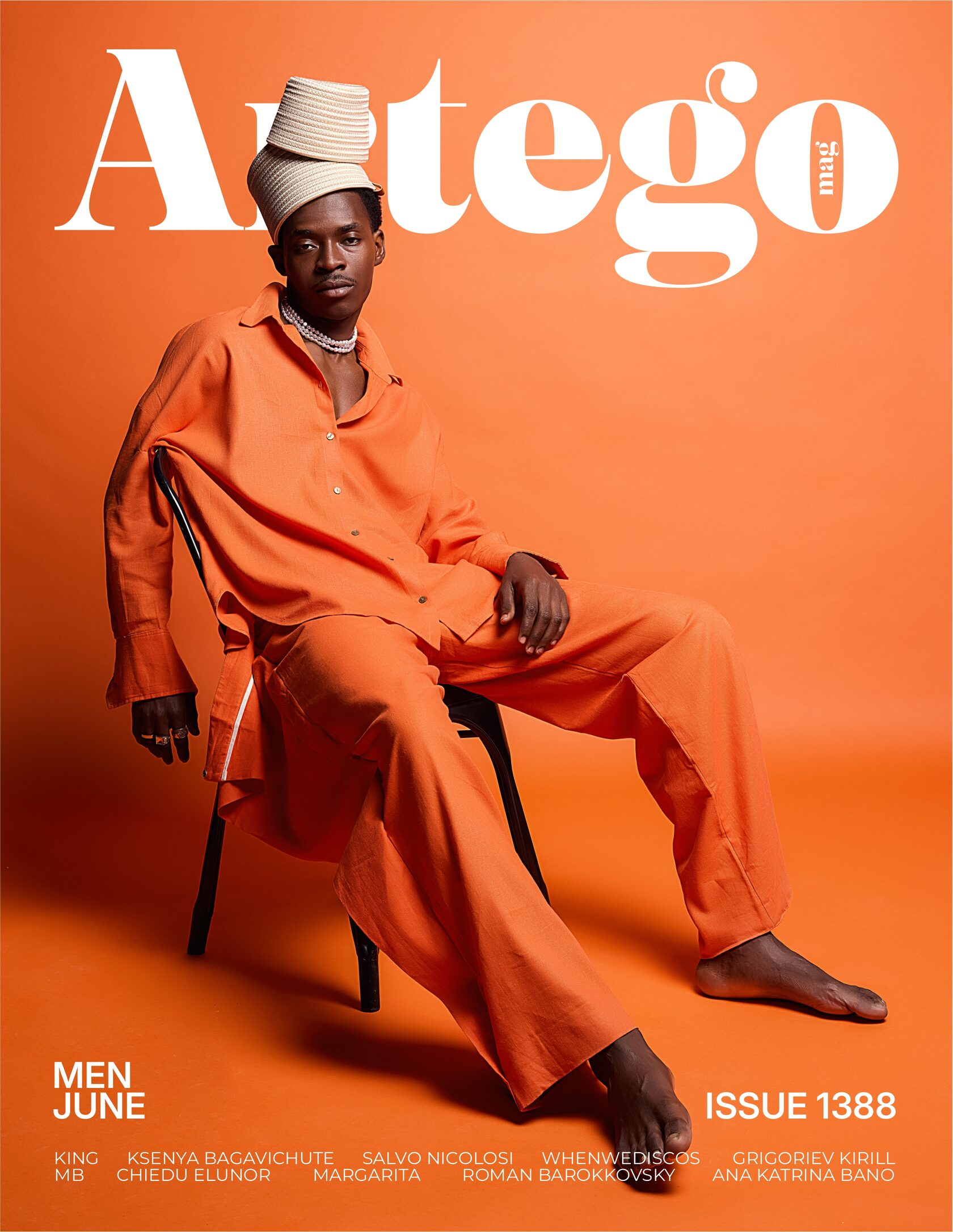 Artego Magazine Men Issue 1388 cover featuring a seated model in a monochrome orange look against an orange studio background.