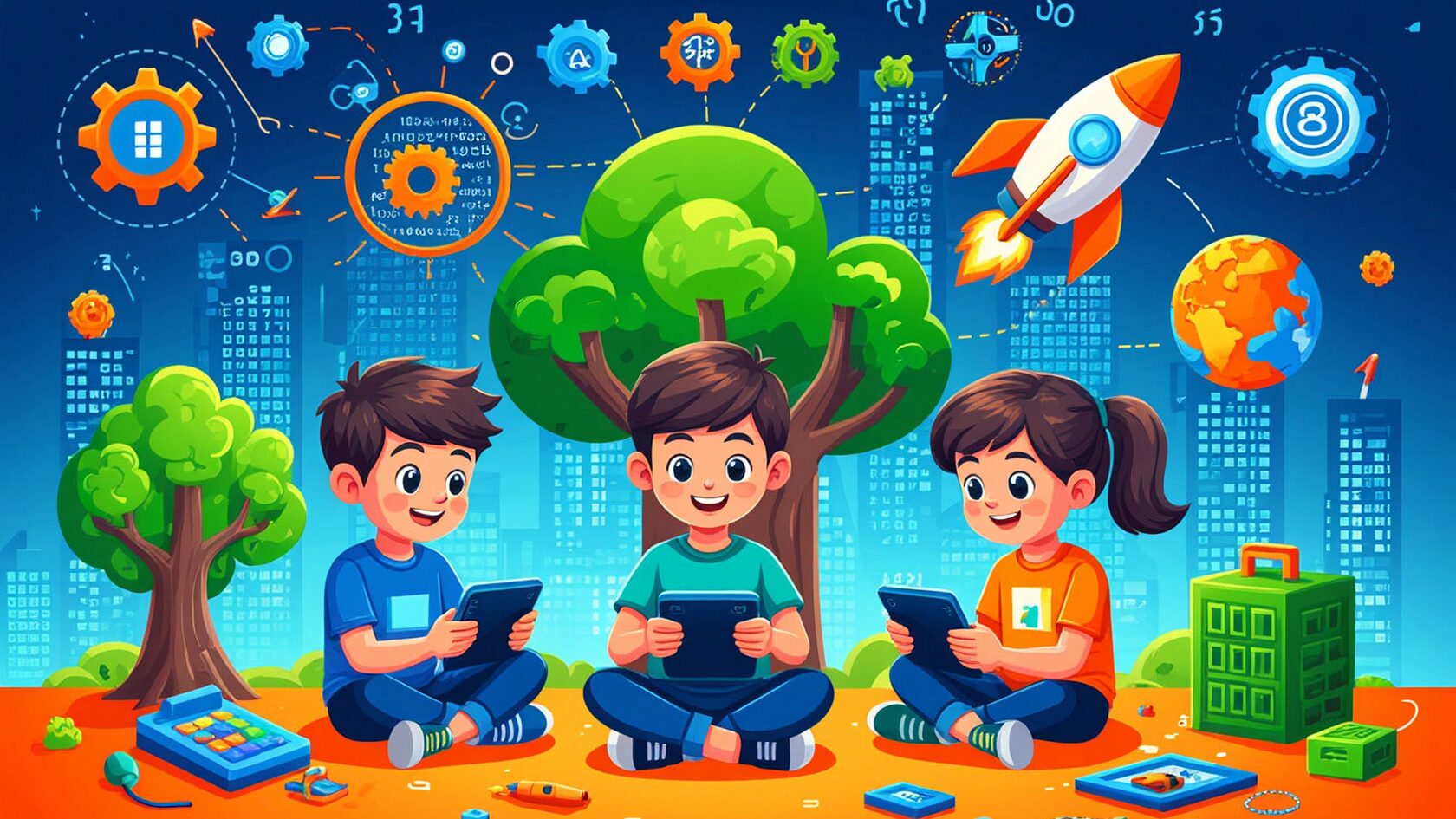 Радостные дети программируют за планшетами. На фоне символизм развития технологий.