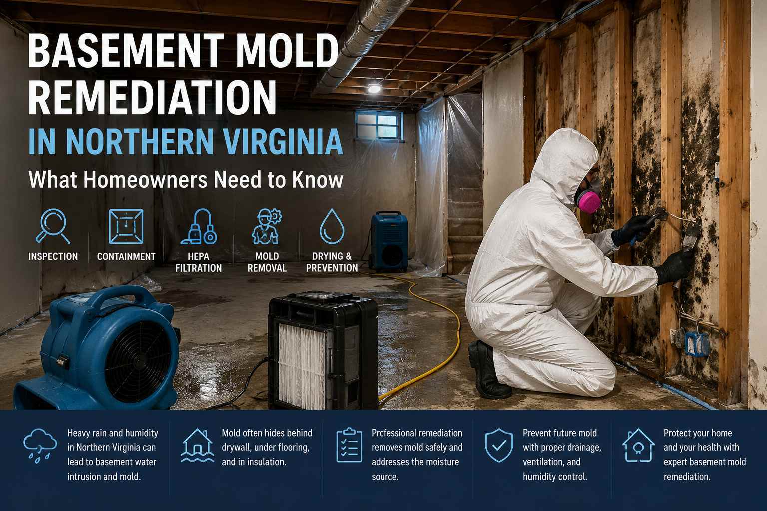 Basement mold remediation in Northern Virginia with professional mold removal, containment, HEPA filtration, and moisture control in a residential basement.