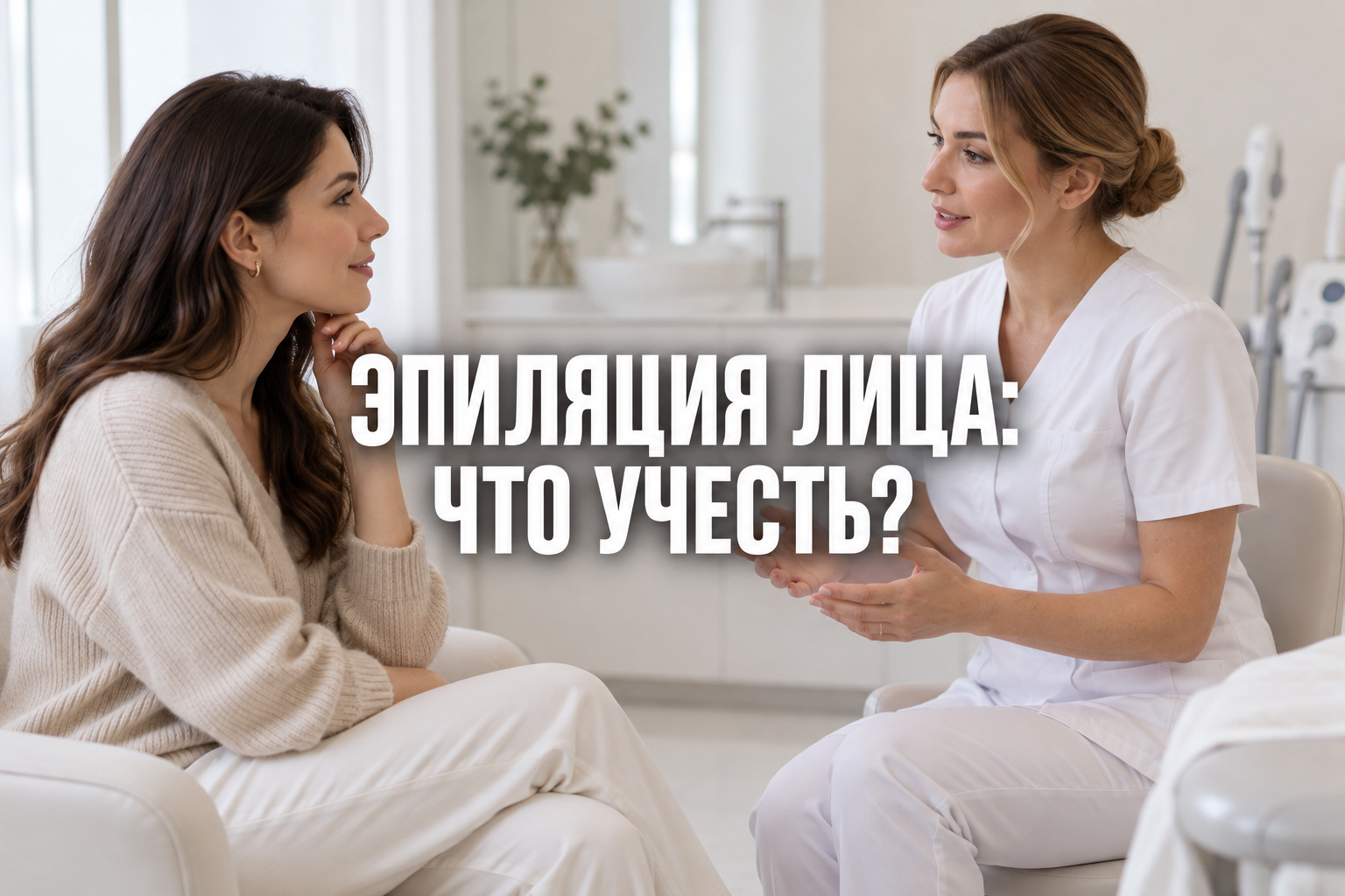 Консультация по уходу за лицом с крупной центрированной фразой «ЭПИЛЯЦИЯ ЛИЦА: ЧТО УЧЕСТЬ?»
