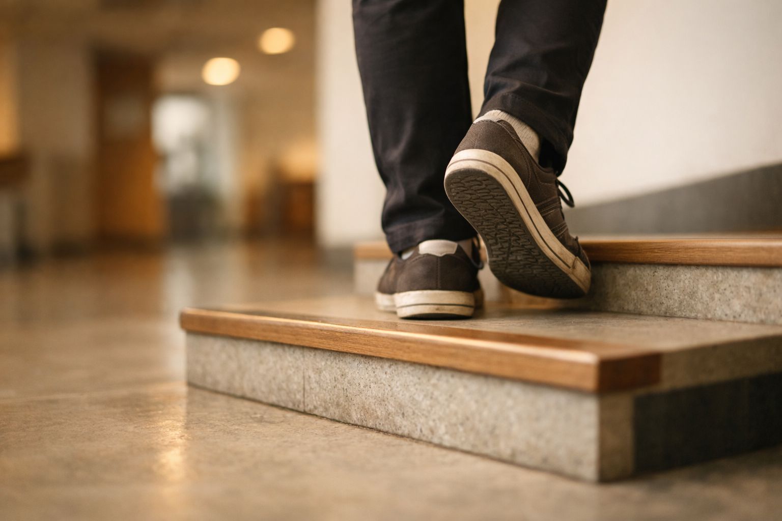 Langkah kaki menaiki tangga sebagai simbol micro-bravery dan proses membangun percaya diri sedikit demi sedikit
