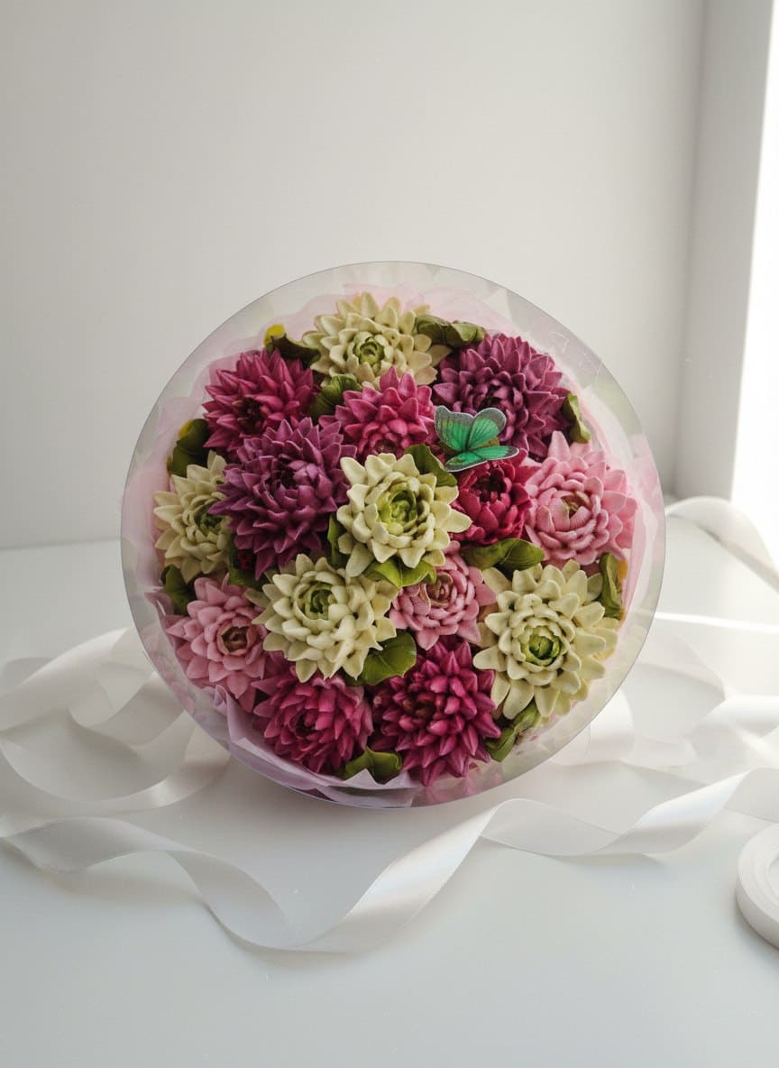 Художественные цветы из зефира в коробке аквариум, диаметр 25 см 5