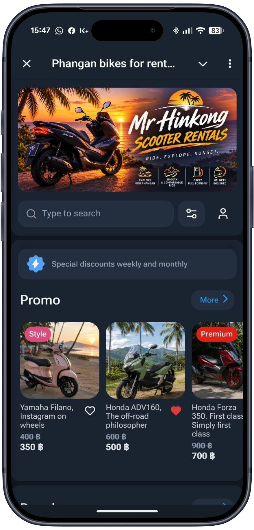 iPhone 上展示的 Telegram 小程序滑板车租赁店面