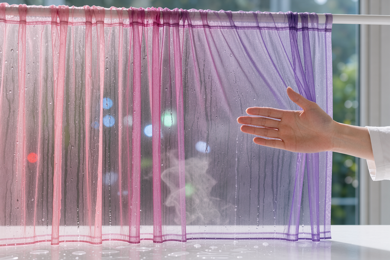 Wet sheer curtains hung on a curtain rod indoors, fabric hanging straight and gently smoothed by hand, steam or soft light showing texture