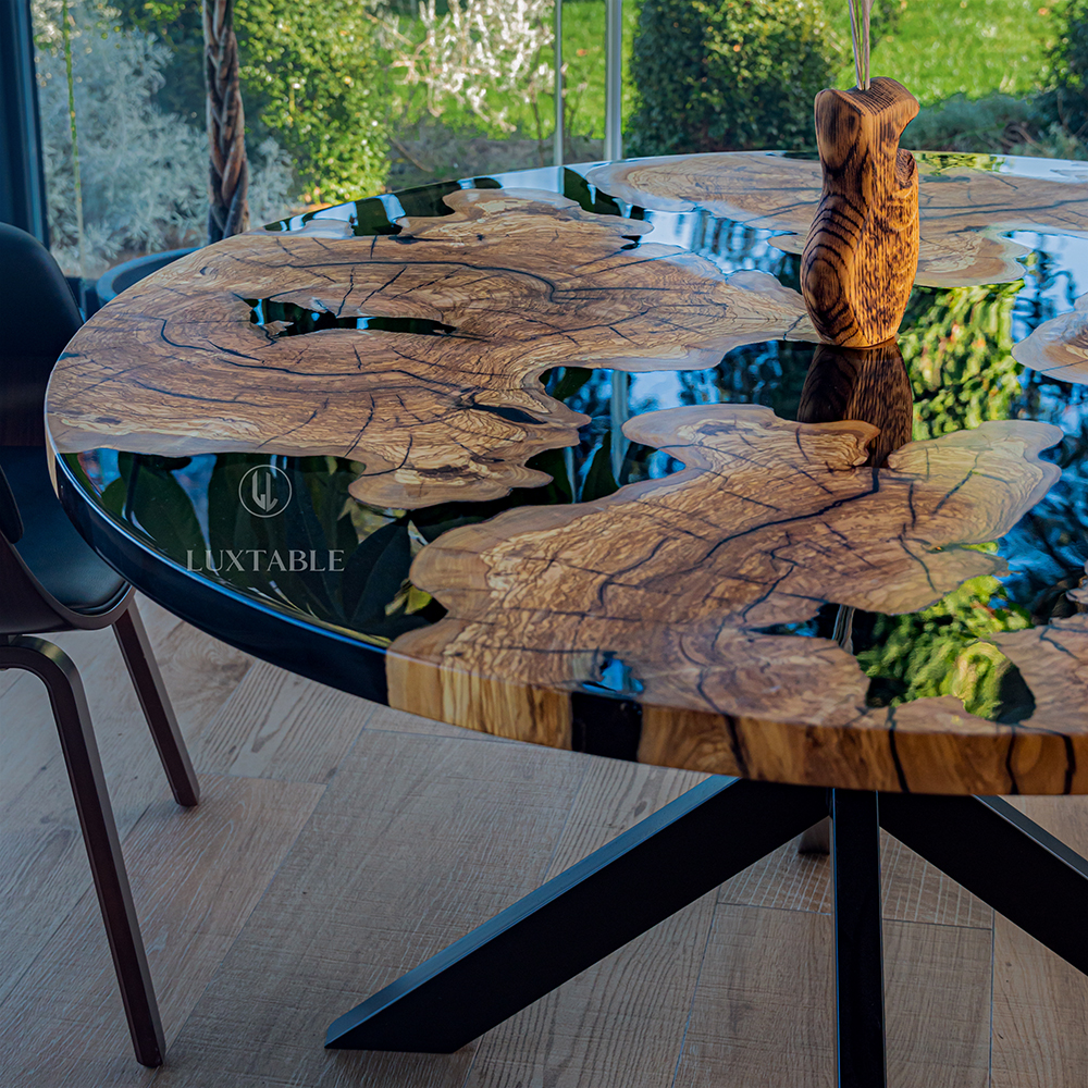 Tavolo rotondo da pranzo in olmo e resina verde bosco