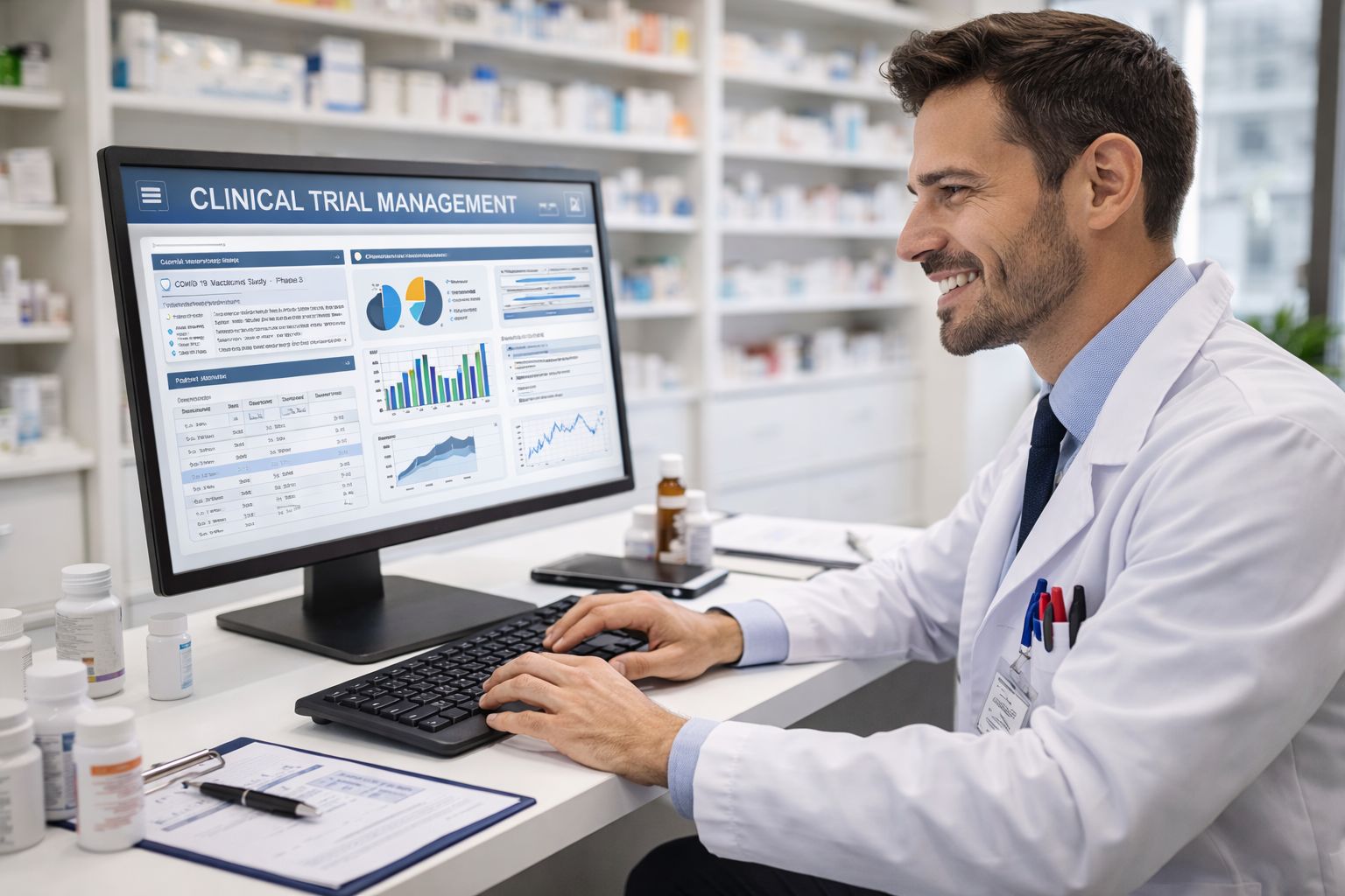 farmaceutico usando un software de investigacion clinica