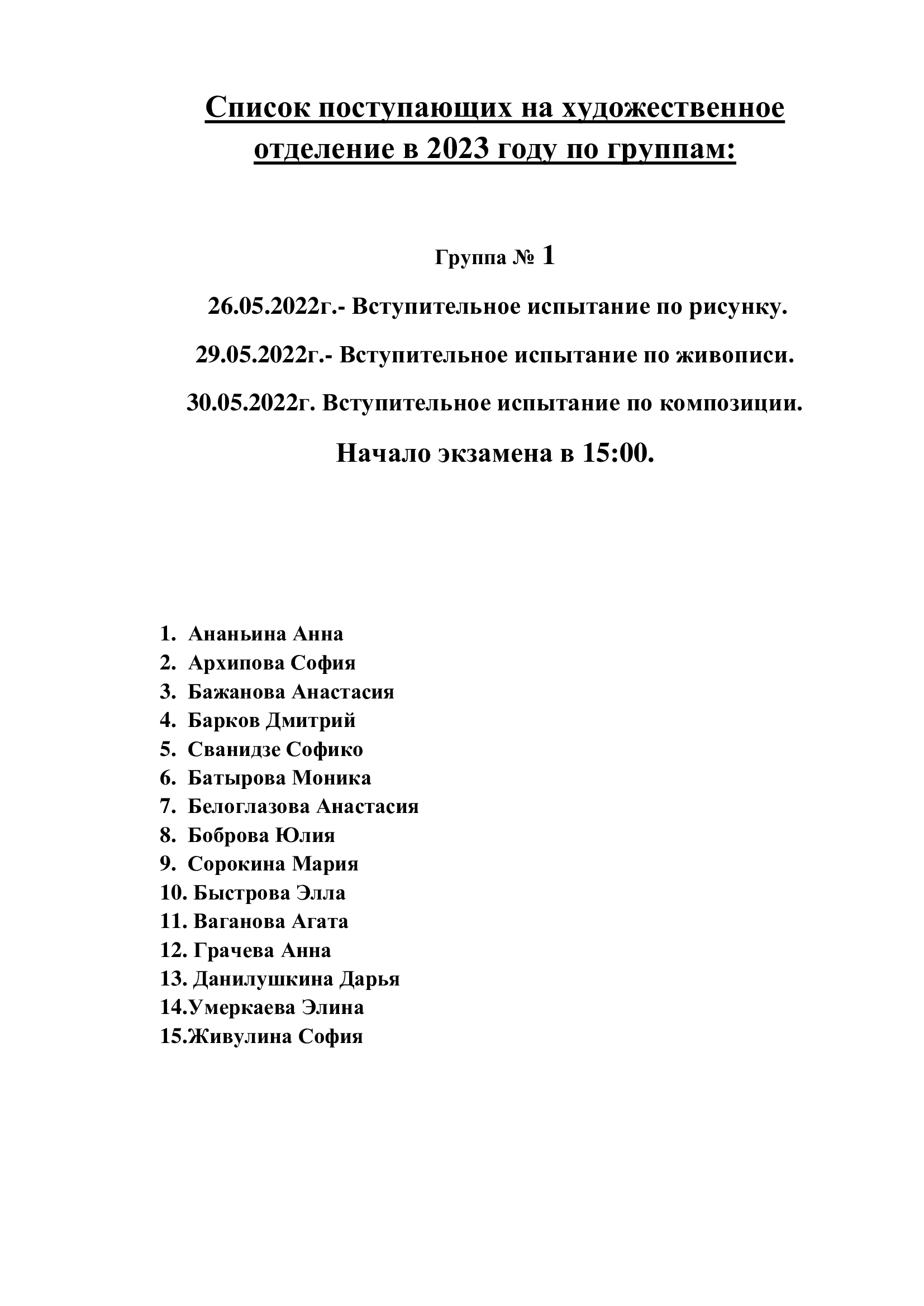 Списки поступающих на художественное отделение 2023 г.