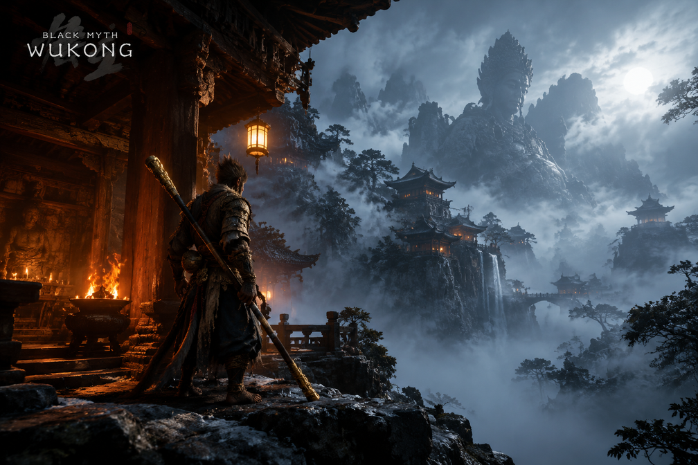 Пейзаж в Black Myth: Wukong — храмовый комплекс, освещение Unreal Engine 5