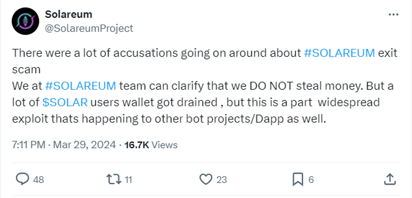 Telegram trading bot on Solana network stopped working after $520,000 hack