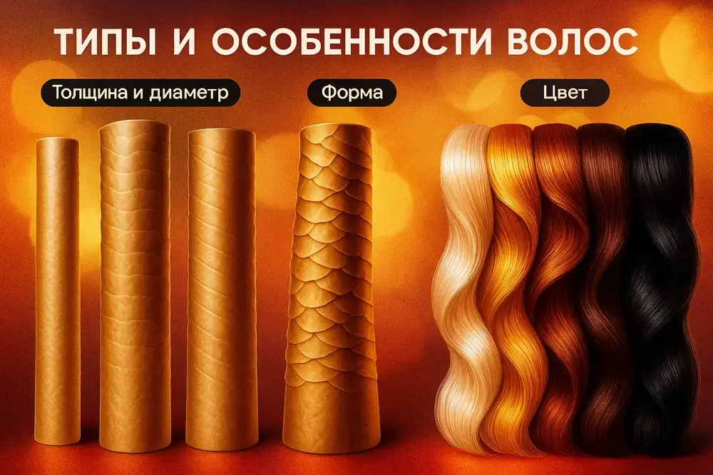 Типы и особенности волос под микроскопом: толщина, диаметр, форма кутикулы и цвет от светлого до тёмного.
