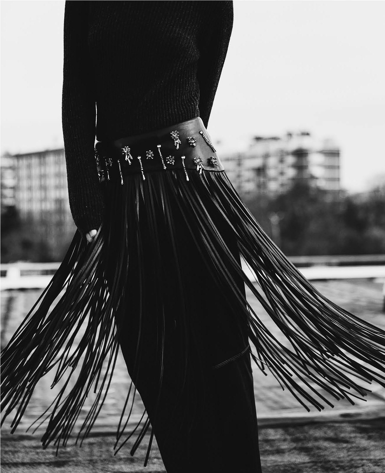 Isabelle Blanche Paris: leather belt with fringe and jewel appliqués