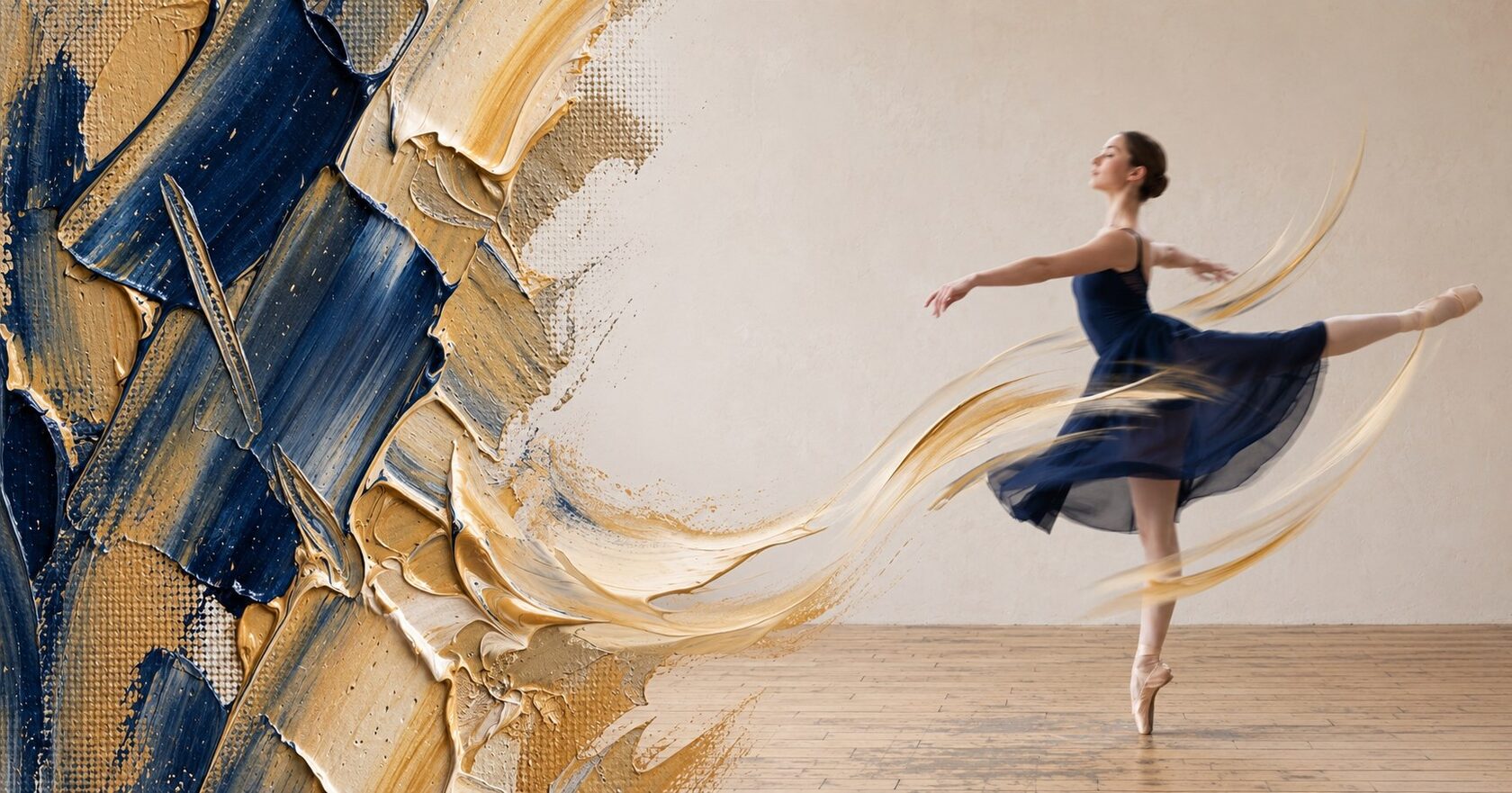 Abstract oil-paint strokes in navy and gold with a dancer in motion