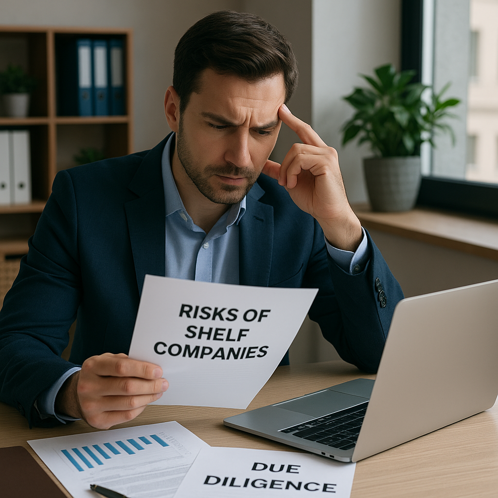 Entrepreneur reviewing financial and legal documents for the acquisition of a Swiss shelf company