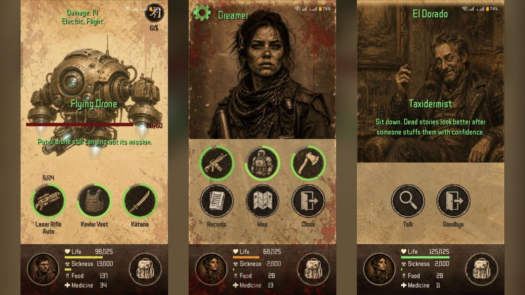 Memory Wastes on a phone: a fight with a flying drone, the survivor screen with inventory and a trader dialogue in this post-apocalyptic survival RPG
