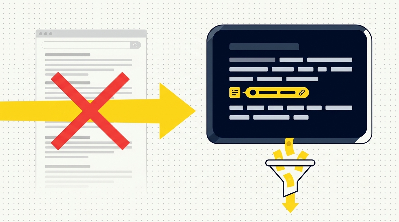 Flat editorial illustration showing two paths: a traditional search results ladder on the left being bypassed, and a direct AI answer bubble on the right with brand name cited in yellow, connected to a revenue pipeline icon.