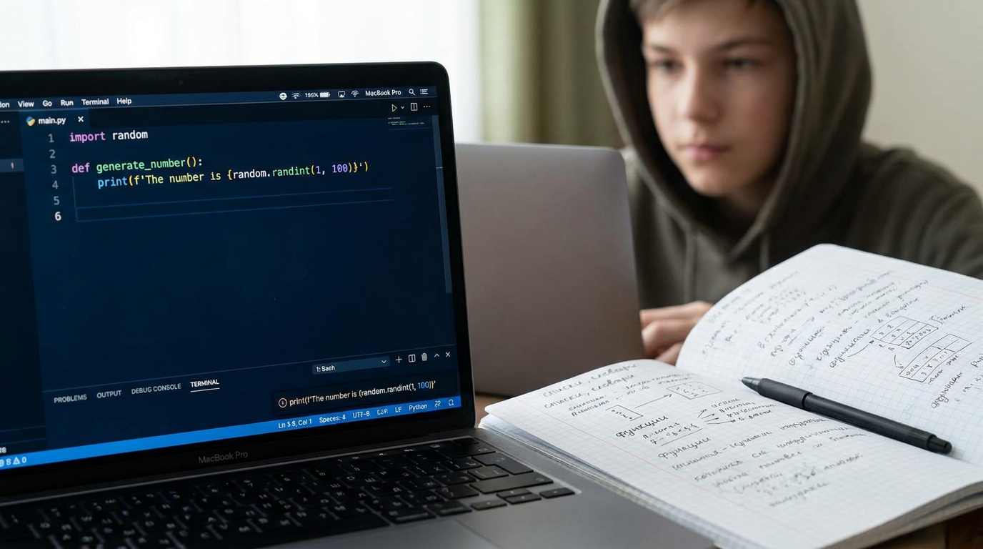 Ребенок пишет код на языке Python для создания своего сервера