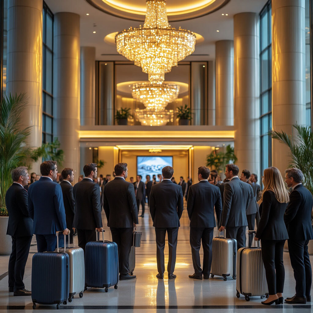 Группа людей стоит в лобби отеля с чемоданами, ожидая регистрации