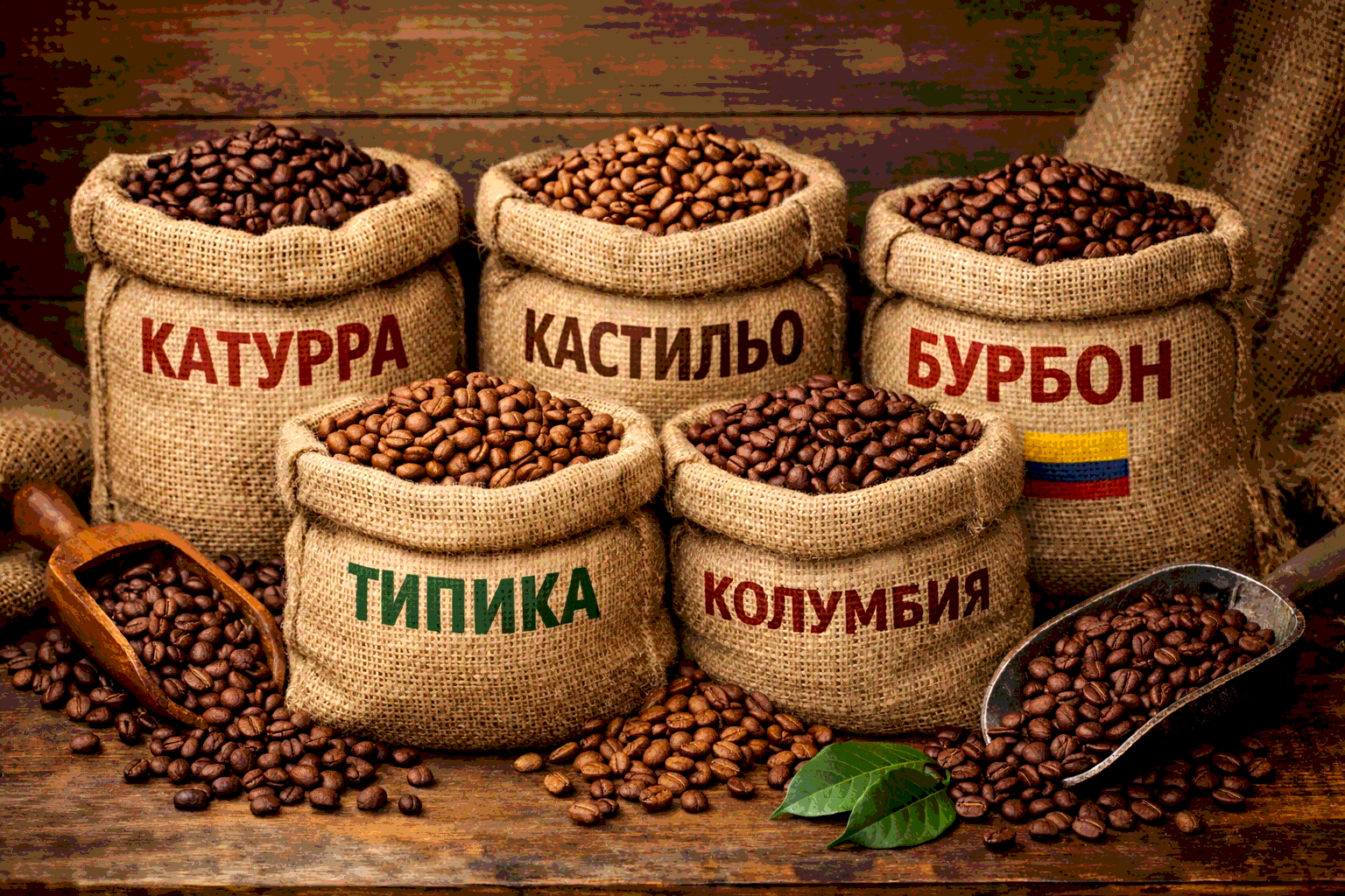 Мешки с зернами колумбийского кофе разных сортов