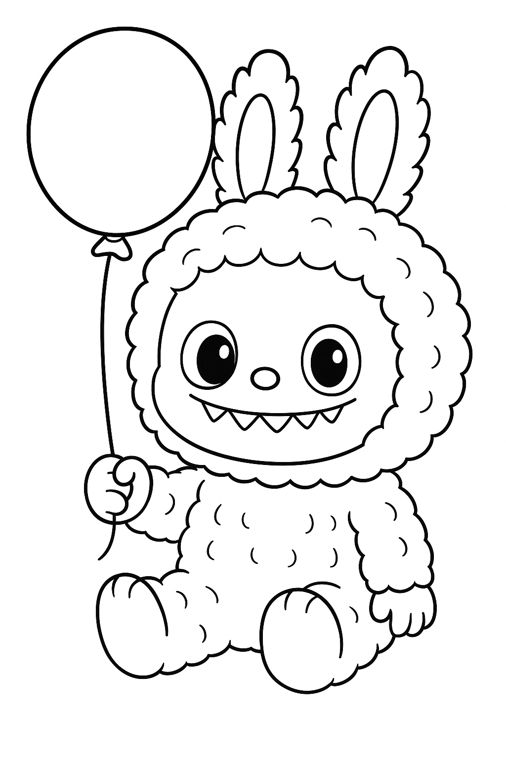 Черно-белая раскраска: милый персонаж Labubu в пушистом костюмчике с ушками, сидит и держит в лапке воздушный шарик.