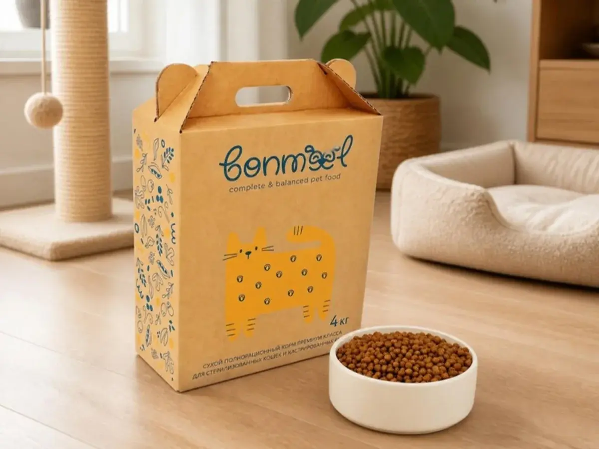 Коробка корма Bonmeel для кошек и миска с гранулами дома