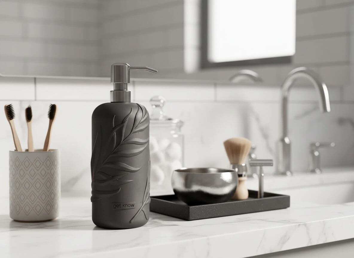 дозатор из бетона для жидкого мыла в интерьере ванной комнаты