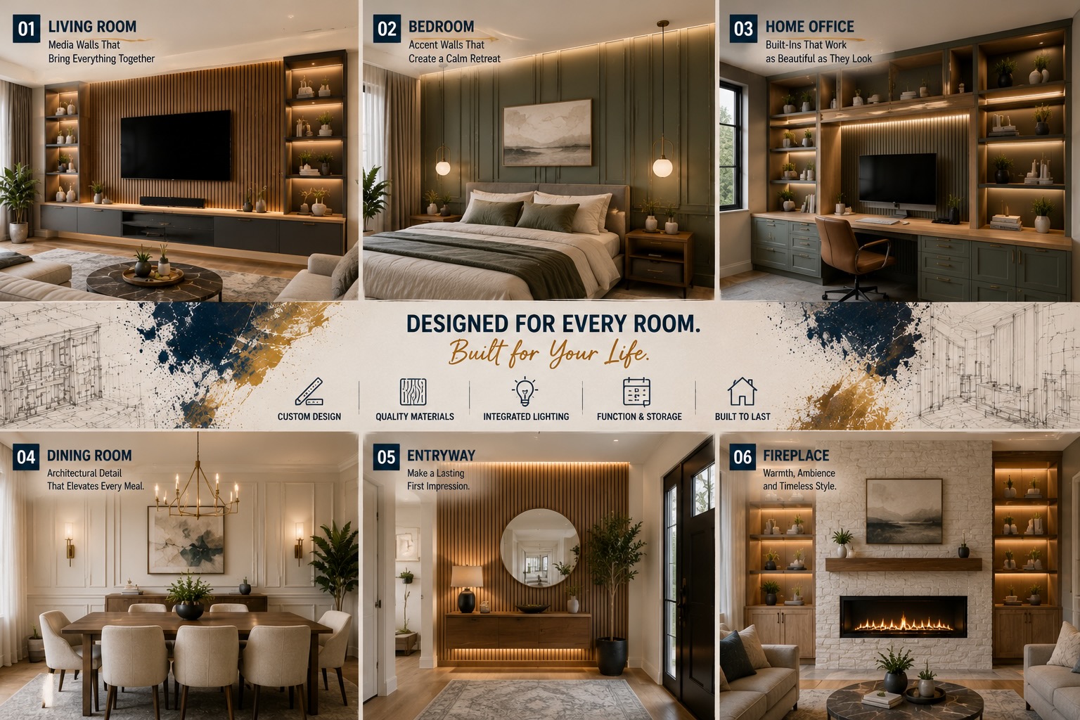 Room-by-room inspiration board featuring custom wall applications for a living room, bedroom, home office, dining room, entryway, and fireplace area, illustrating how feature walls and built-in solutions enhance different spaces throughout a Houston home.