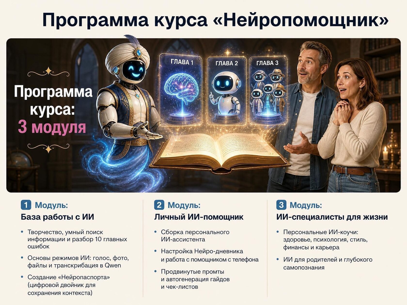 Слайд нашей презентации: три модуля как иллюстрированные главы книги