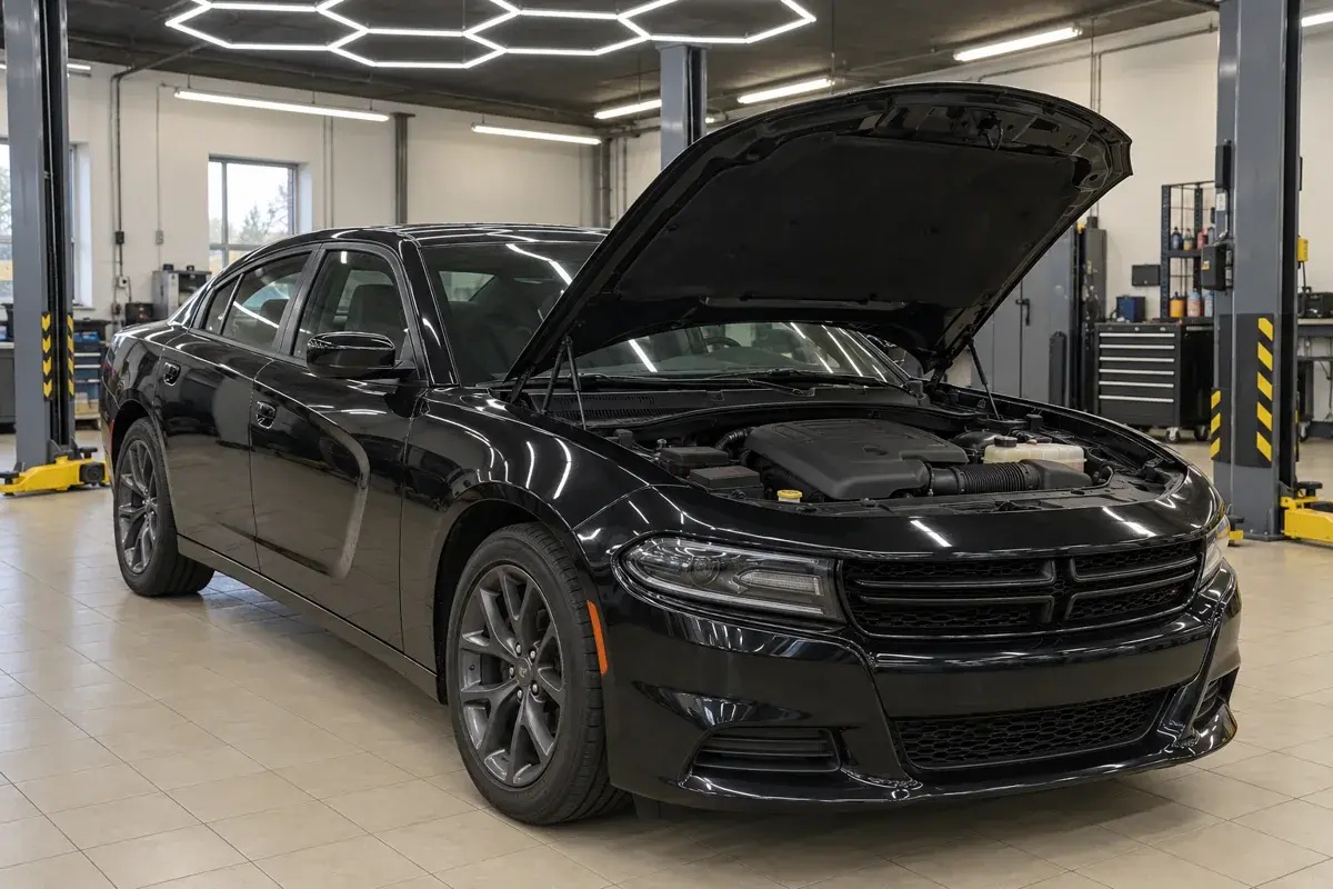 Иллюстрация: Dodge Charger с открытым капотом
