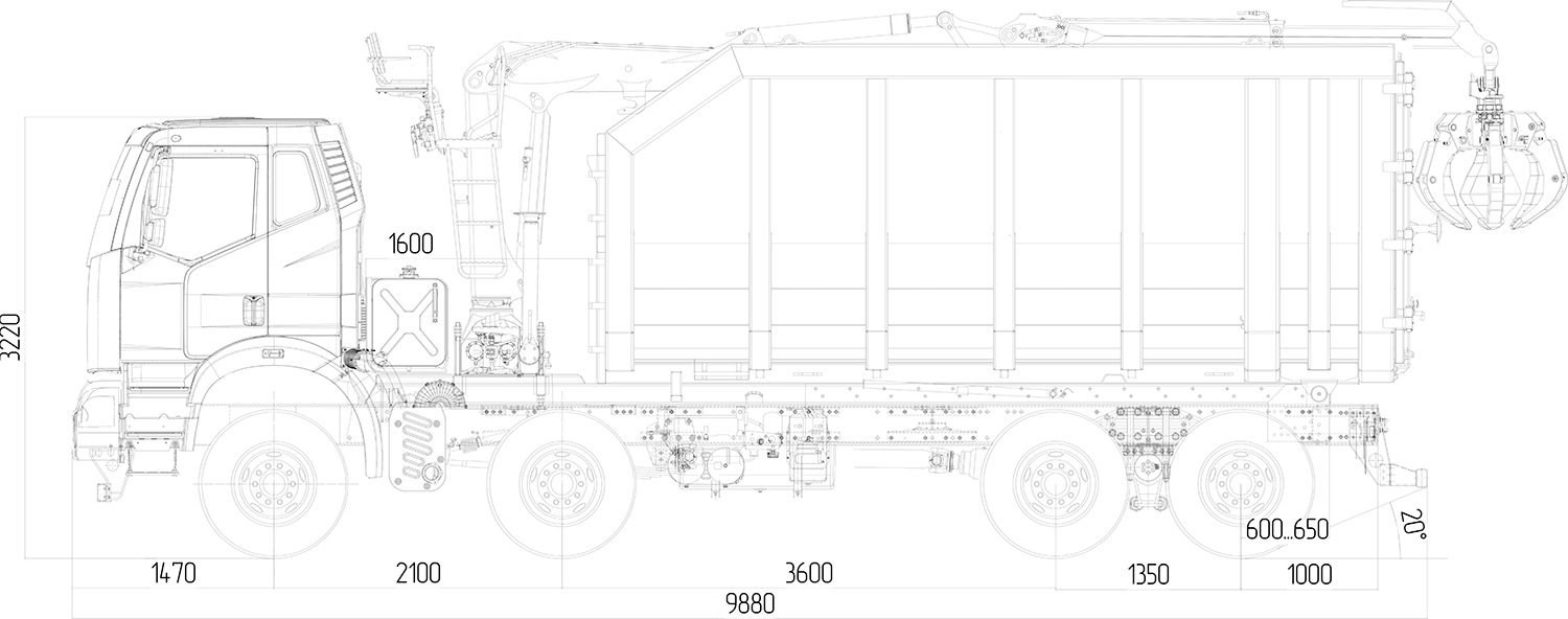 Габаритные размеры FAW 3310 (8х4) с манипулятором ВЕЛМАШ BM10-74М