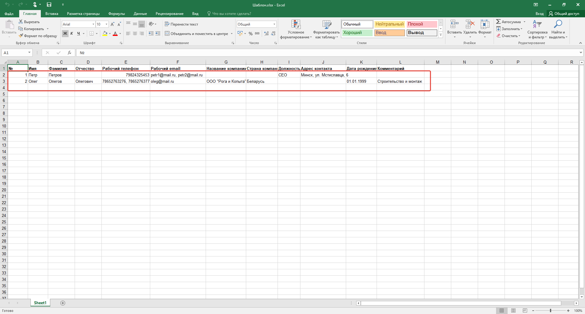 Сохраните шаблон себе на компьютер и откройте его. В Шаблоне вы увидите тестовые данные (пример заполнения таблицы). Для того чтобы эти тестовые данные не появились в контактах вашей компании, не забудьте удалить их