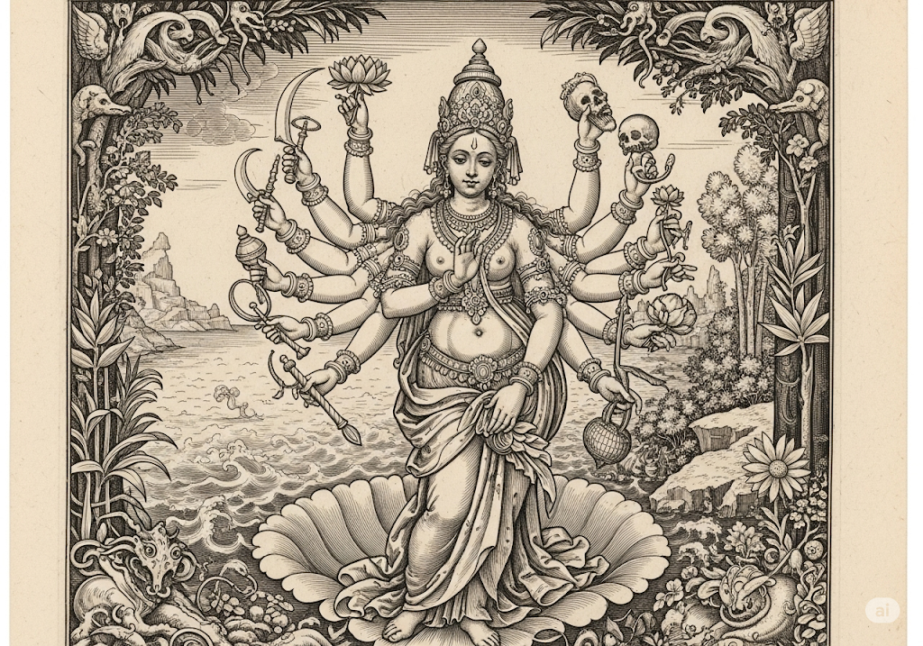 This is a highly detailed and intricate black and white image, executed in the style of a classical European engraving, reminiscent of the works of Albrecht Dürer. The artwork presents a syncretic fusion of Eastern and Western iconography. Central Figure and Theme: The main subject is a multi-armed female deity, clearly identifiable as a representation of a Hindu goddess like Shakti or Durga, who is depicted in the iconic pose and setting of Sandro Botticelli's
