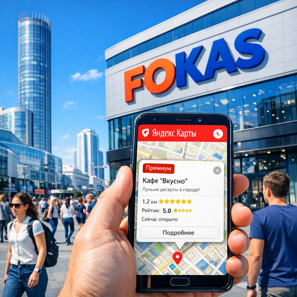 Реклама в Яндекс Картах в Екатеринбурге на фоне городского центра, диджитал-агентство FOKAS