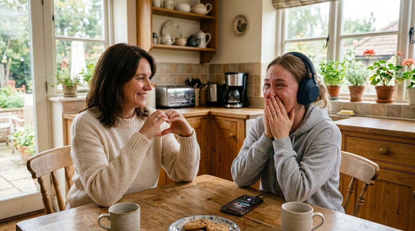 Три счастливые женщины весело празднуют юбилей. Две подруги надевают красочную бумажную корону на голову центральной женщины. Идеальный момент радостного празднования, чтобы заказать уникальную песню на юбилей младшей сестре.