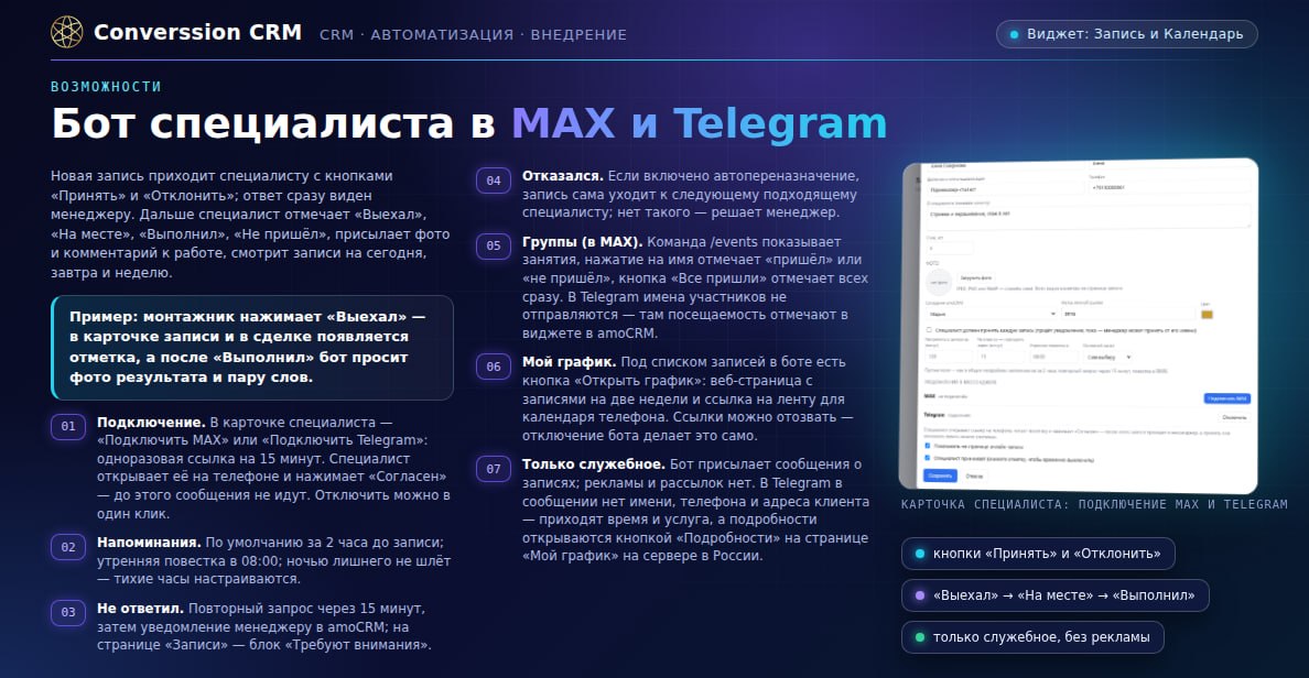 Запись и Календарь: бот специалиста в MAX и Telegram — кнопки «Принять», «Выехал», «На месте», «Выполнил», фото и комментарий к работе