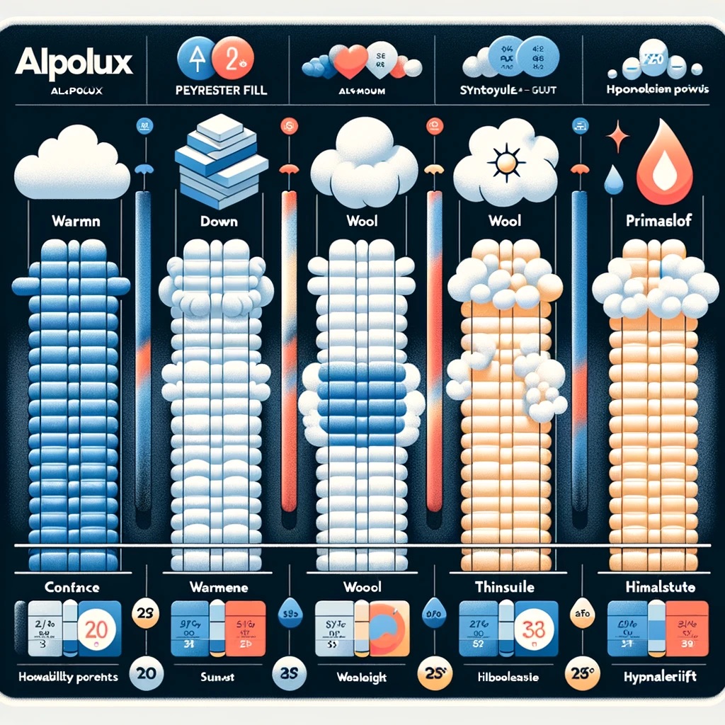 Таблица или график, сравнивающий Alpolux с другими утеплителями (синтепон, пух, шерсть, Thinsulate, PrimaLoft) по различным характеристикам.