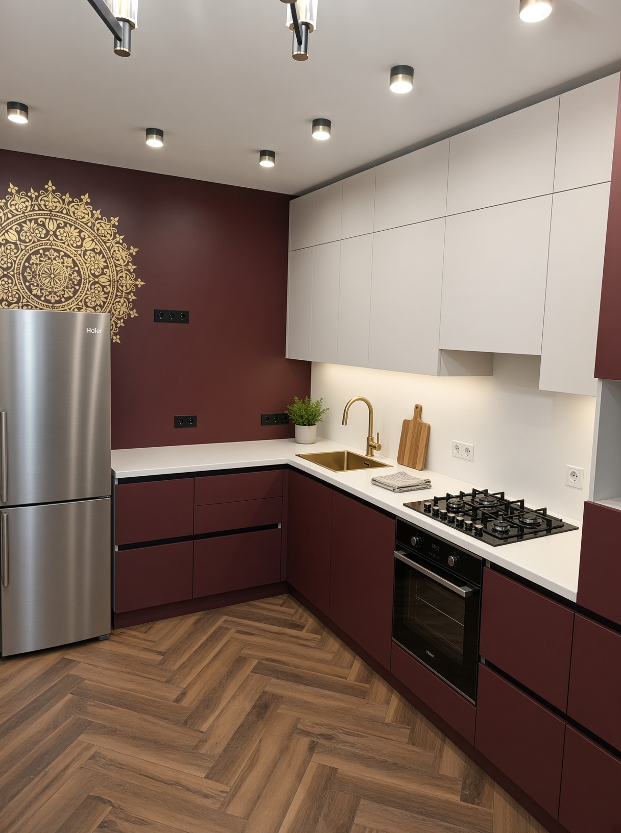 Угловая кухня «Бильбао»: красные нижние фасады AGT Rustic Red, светлый верх, белая столешница, латунная мойка и газовая варочная панель