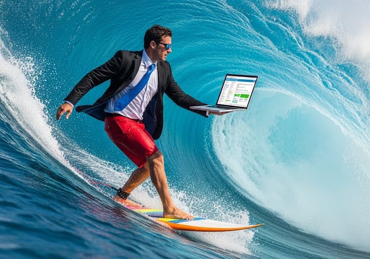 Man on a wave surfing with a suit coat and a laptop