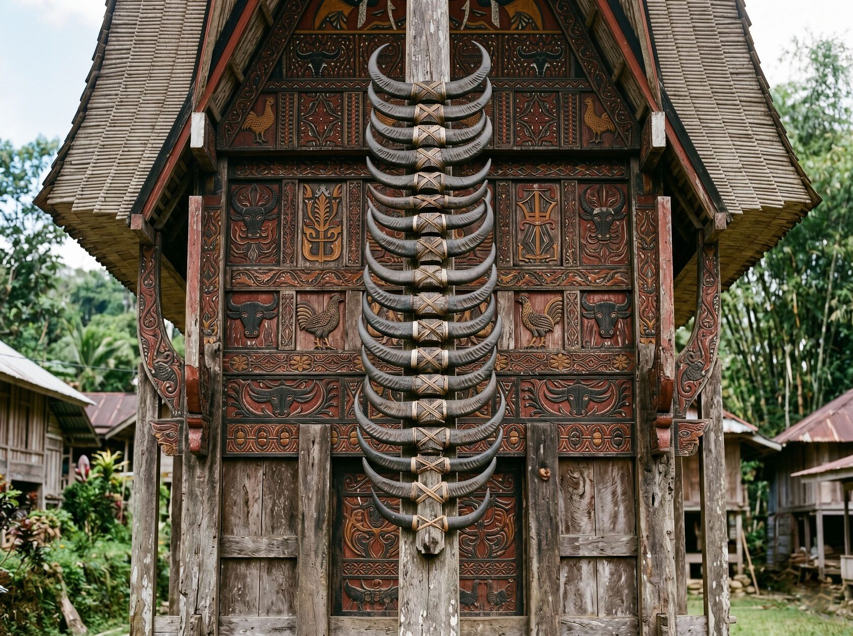 Ukiran Pa’ssura dan tanduk kerbau pada rumah adat Tongkonan Toraja