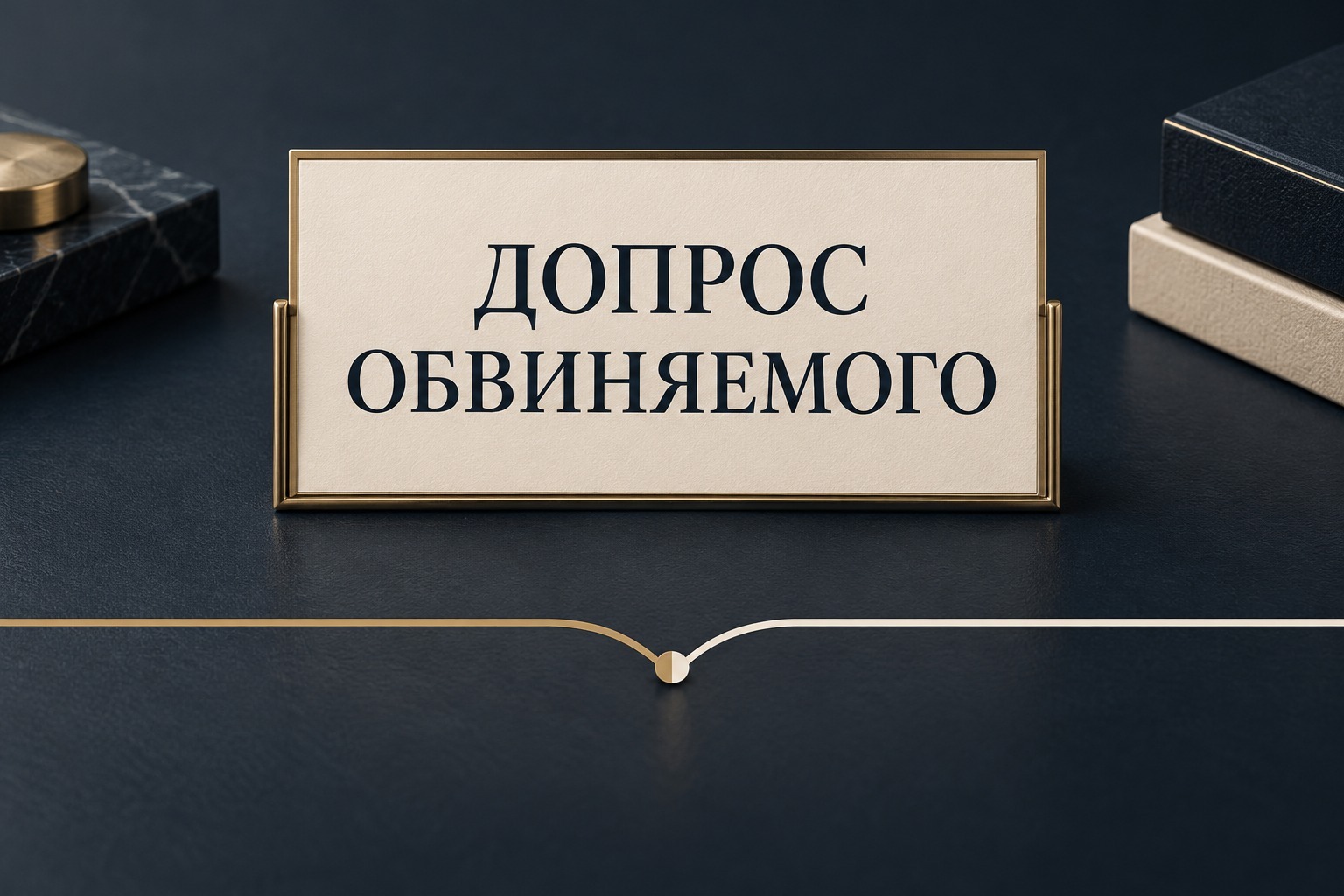 На кремовой карточке в золотой рамке написано «Допрос обвиняемого»; золотая и светлая линии сходятся у центральной точки на тёмно-синем фоне