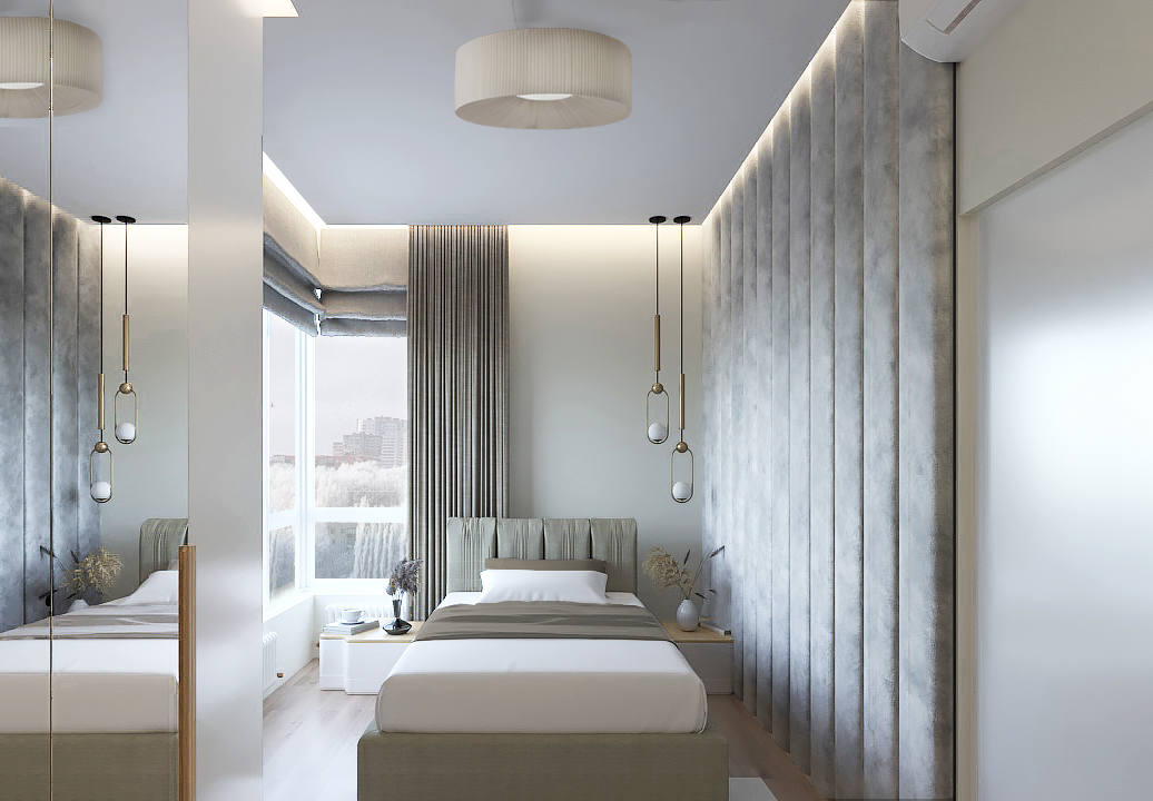 дизайн светлой спальни с мягкими стеновыми панелями из велюра, закарнизной подсветкой, скрытой дверью